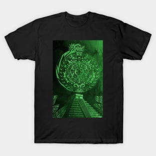 jade quetzalcoatl and the aztec calendar in teotihuacan ecopop mexican pattern T-Shirt